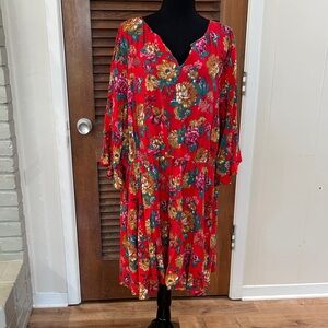 Yumi Curves Vibrant Red Floral Flutter Sleeve Dress